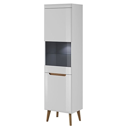 Vitrine NORDI Vitrinenschrank Standvitrine Mit LED Beleuchtung (Weiß/Weiß Hochglanz) von Furniture24