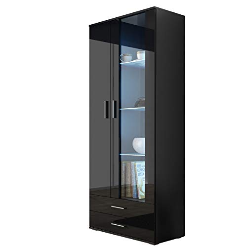 Vitrine mit Blauer LED Beleuchtung SOHO S6 Vitrinenschrank Standvitrine Stauraumvitrine Glasvitrine Schrank Wohnzimmerschrank (Schwarz/Schwarz Hochglanz) von Furniture24