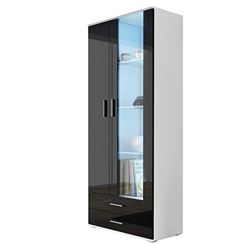 Vitrine mit Blauer LED Beleuchtung SOHO S6 Vitrinenschrank Standvitrine Stauraumvitrine Glasvitrine Schrank Wohnzimmerschrank (Weiß/Schwarz Hochglanz) von Furniture24