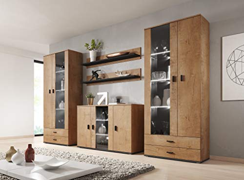 Wohnwand SOHO 10 mit Weißer LED Beleuchtung, Anbauwand, Wohnzimmerschrank, Schrankwand, Vitrine, Lowboard, Hängeregal (Lefkas Eiche/Schwarz) von Furniture24