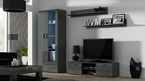 Wohnwand SOHO 11 mit Blauer LED Beleuchtung, Anbauwand, Wohnzimmerschrank, Schrankwand, Vitrine, Lowboard, Hängeregal (Grau/Grau Hochglanz) von Furniture24