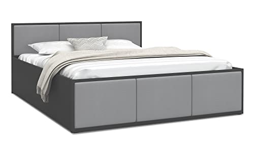 FurnitureByJDM Bett 180x200 mit Stauraum & Gepolsterte Einsätze – Doppelbett mit Bettkasten und aufklappbarem Lattenrost – Stauraumbett mit Liftfunktion - Panama (Grau/Graue Einsätze) von FurnitureByJDM