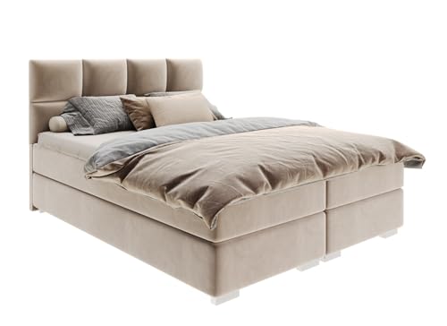 FurnitureByJDM Boxspringbett 140x200 mit Bettkasten – Komfortbett mit integriertem Federkernmatratze & Stauraum – Bezug Paris Stoff – Doppelbett Portland (Mausgrau) von FurnitureByJDM