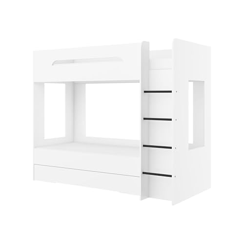 FurnitureByJDM Etagenbett 2 Kinder - Hochbett mit Stauraum - Doppelbett 80x200 cm - Stabiles Kinderbett Sicherheitsgeländer & Moder Design - Bunk Bed Blanc(Weiß,Rechte Leiter) von FurnitureByJDM
