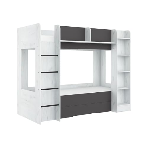 FurnitureByJDM Hochbett 80x200 cm mit Stauraum - Stabiles Etagenbett 2 Kinder mit Bücherregal & Sicherheitsgeländer - Doppelbett für Jugendzimmer Everest(Craft Weiß Graphit,Linke Leiter) von FurnitureByJDM