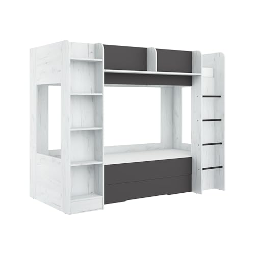 FurnitureByJDM Hochbett 80x200 cm mit Stauraum - Stabiles Etagenbett 2 Kinder mit Bücherregal & Sicherheitsgeländer - Doppelbett für Jugendzimmer Everest(Craft Weiß Graphit,Rechte Leiter) von FurnitureByJDM