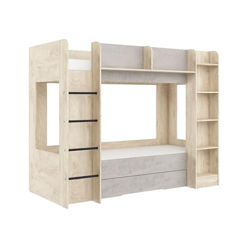 FurnitureByJDM Hochbett 80x200 cm mit Stauraum - Stabiles Etagenbett 2 Kinder mit Bücherregal & Sicherheitsgeländer - Doppelbett für Jugendzimmer Everest(Endgrain Beton Grau,Linke Leiter) von FurnitureByJDM