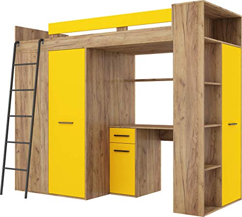 FurnitureByJDM Hochbett mit Schreibtisch, Kleiderschrank und Bücherregal - VERANA L - (Craft Gold/Gelb) von FurnitureByJDM