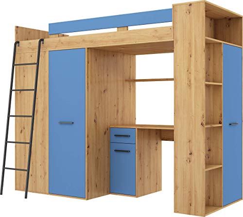 FurnitureByJDM Hochbett mit Schreibtisch, Kleiderschrank und Bücherregal - VERANA L - (Eiche Artisan/Blau) von FurnitureByJDM
