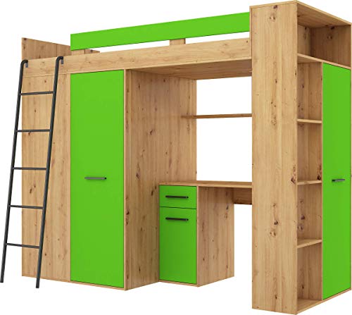 FurnitureByJDM Hochbett mit Schreibtisch, Kleiderschrank und Bücherregal - VERANA L - (Eiche Artisan/Grün) von FurnitureByJDM