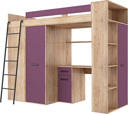 FurnitureByJDM Hochbett mit Schreibtisch, Kleiderschrank und Bücherregal - VERANA L - (Eiche Sonoma/Violett) von FurnitureByJDM