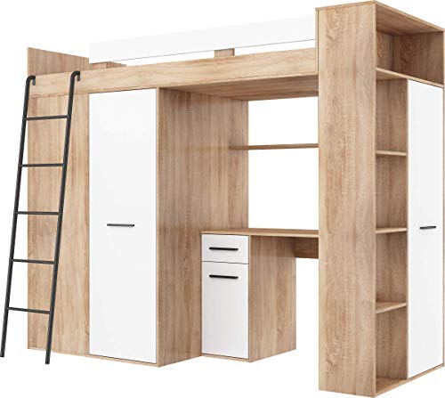 FurnitureByJDM Hochbett mit Schreibtisch, Kleiderschrank und Bücherregal - VERANA L - (Eiche Sonoma/Weiß) von FurnitureByJDM