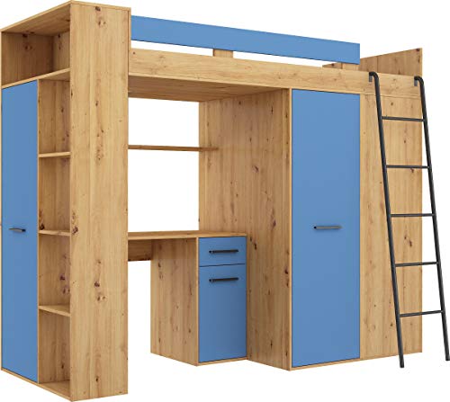 FurnitureByJDM Hochbett mit Schreibtisch, Kleiderschrank und Bücherregal - VERANA R - (Eiche Artisan/Blau) von FurnitureByJDM