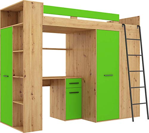 FurnitureByJDM Hochbett mit Schreibtisch, Kleiderschrank und Bücherregal - VERANA R - (Eiche Artisan/Grün) von FurnitureByJDM