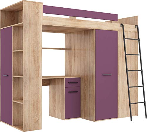 FurnitureByJDM Hochbett mit Schreibtisch, Kleiderschrank und Bücherregal - VERANA R - (Eiche Sonoma/Violett) von FurnitureByJDM