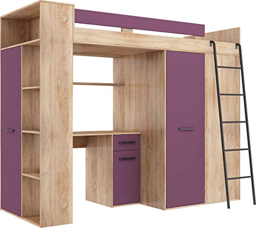 Hochbett mit Schreibtisch, Kleiderschrank und Bücherregal - Loftbett für Kinder - Komplettes Möbelset 236x120x190 cm - 90x200 cm Bettgröße - Rechte Leiter - VERANA - (Eiche Sonoma/Violett) von FurnitureByJDM