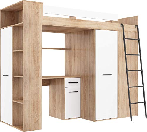 FurnitureByJDM Hochbett mit Schreibtisch, Kleiderschrank und Bücherregal - Verana R - (Eiche Sonoma/Weiß) von FurnitureByJDM