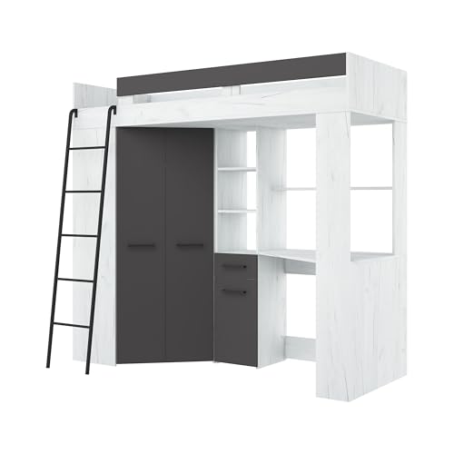FurnitureByJDM Hochbett mit Schreibtisch und Schrank – Kinderbett 80x200 cm mit Stauraum – Jugendzimmer Komplett Set– Platzsparendes Möbel Floor(Craft Weiß Graphit,Linke Leiter) von FurnitureByJDM