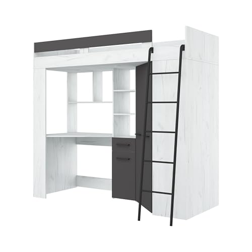 FurnitureByJDM Hochbett mit Schreibtisch und Schrank – Kinderbett 80x200 cm mit Stauraum – Jugendzimmer Komplett Set– Platzsparendes Möbel Floor(Craft Weiß Graphit,Rechte Leiter) von FurnitureByJDM
