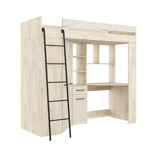 FurnitureByJDM Hochbett mit Schreibtisch und Schrank – Kinderbett 80x200 cm mit Stauraum – Jugendzimmer Komplett Set– Platzsparendes Möbel Floor(Endgrain Granada Mandel,Linke Leiter) von FurnitureByJDM