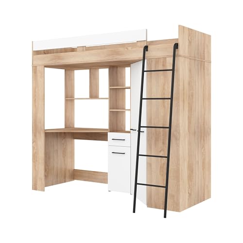 FurnitureByJDM Hochbett mit Schreibtisch und Schrank – Kinderbett 80x200 cm mit Stauraum – Jugendzimmer Komplett Set– Platzsparendes Möbel Floor(Sonoma Hell Weiß,Rechte Leiter) von FurnitureByJDM