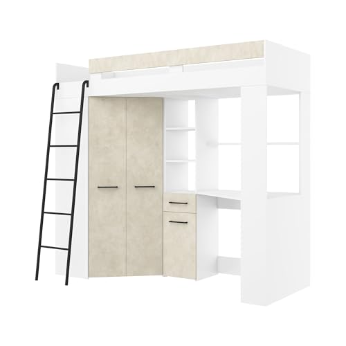 FurnitureByJDM Hochbett mit Schreibtisch und Schrank – Kinderbett 80x200 cm mit Stauraum – Jugendzimmer Komplett Set– Platzsparendes Möbel Floor(Weiß Granada Mandel,Linke Leiter) von FurnitureByJDM