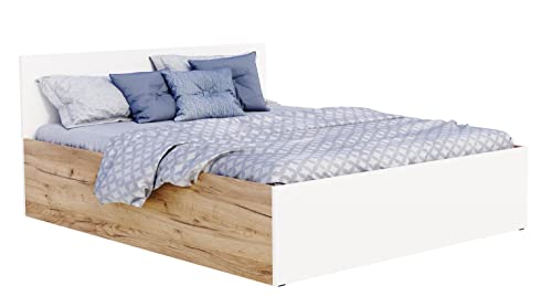 FurnitureByJDM Klassisches Bett mit Stauraum – anhebbarer Holzrahmen mit Lattenrost – Panama – verfügbare Größen: 120/140/160/180cm x 200cm - (120 x 200 cm, Eiche Craft/Weiß) von FurnitureByJDM