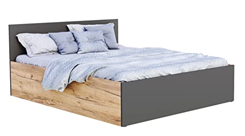 FurnitureByJDM Klassisches Bett mit Stauraum – anhebbarer Holzrahmen mit Lattenrost – Panama – verfügbare Größen: 120/140/160/180cm x 200cm - (140 x 200 cm, Eiche Craft/Grau) von FurnitureByJDM