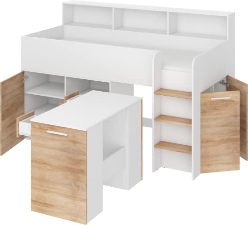 FurnitureByJDM Kompaktes, Modernes Hochbett mit Schreibtisch, Schubladen und Bücherregal - NEO R - (Weiß/Eiche Sonoma) von FurnitureByJDM