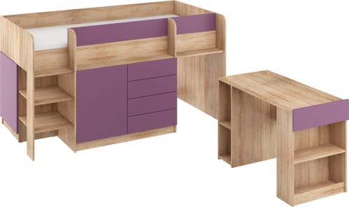 FurnitureByJDM Kompaktes, Modernes Hochbett mit Schreibtisch, Schubladen und Bücherregal – Smile L – (Eiche Sonoma/Violett) von FurnitureByJDM