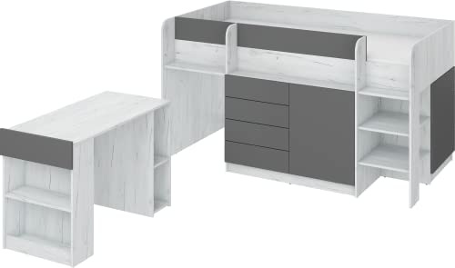 FurnitureByJDM Kompaktes, Modernes Hochbett mit Schreibtisch, Schubladen und Bücherregal – Smile R – (Craft Weiß/Graphit) von FurnitureByJDM