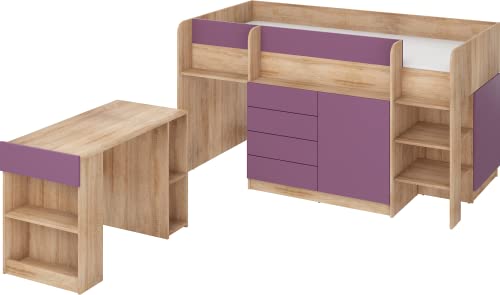 FurnitureByJDM Kompaktes, Modernes Hochbett mit Schreibtisch, Schubladen und Bücherregal – Smile R – (Eiche Sonoma/Violett) von FurnitureByJDM
