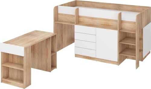 FurnitureByJDM Kompaktes, Modernes Hochbett mit Schreibtisch, Schubladen und Bücherregal – Smile R – (Eiche Sonoma/Weiß) von FurnitureByJDM