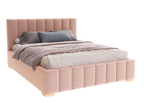 FurnitureByJDM Polsterbett 160x200 mit Bettkasten – Komfortbett Gasdruckfeder & Stabiler Lattenrost - Stauraumbett aus Pflegeleichtes Material – Doppelbett Ohne Matratze - Austin (Paris Lachs) von FurnitureByJDM