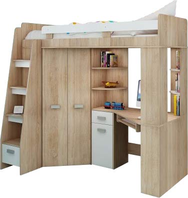 Hochbett/Etagenbett/Entresole – alle in Einer Links Ablesen Treppen – Kinder Möbel Set. Bett, Kleiderschrank, Regal, Schreibtisch Sonoma Oak - White von FurnitureByJDM