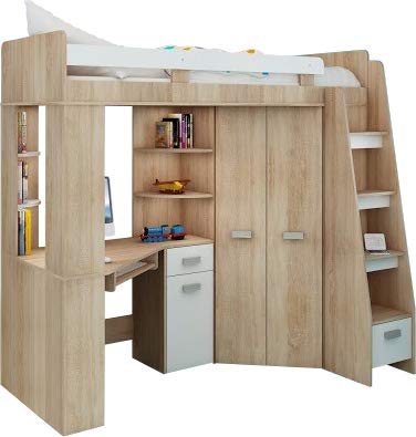 Hochbett/Etagenbett/Entresole – alle in Einer rechts Ablesen Treppen – Kinder Möbel Set. Bett, Kleiderschrank, Regal, Schreibtisch Sonoma Oak - White von FurnitureByJDM