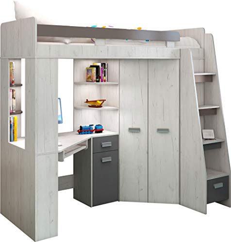 FurnitureByJDM Hochbett mit Schreibtisch, Schubladen, Regalen und Kleiderschrank - 80x200 cm Bettgröße - Rechtsseitige Treppe – ANTRESOLA (Craft White/Graphite) von FurnitureByJDM