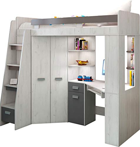 FurnitureByJDM Hochbett mit Schreibtisch, Schubladen, Regalen und Kleiderschrank - 80x200 cm Bettgröße - Linksseitige Treppe – ANTRESOLA (Craft White/Graphite) von FurnitureByJDM