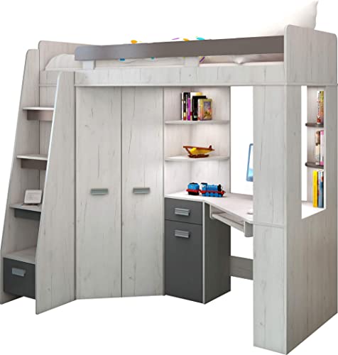 FurnitureByJDM Hochbett mit Schreibtisch, Schubladen, Regalen und Kleiderschrank – ANTRESOLA (Craft White/Graphite (Left)) von FurnitureByJDM