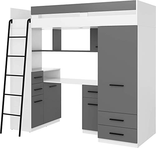Hochbett mit Schreibtisch, Schubladen, Kleiderschrank und Bücherregal - SMYK L - (Weiß/Graphite) von FurnitureByJDM