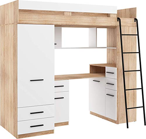 Hochbett mit Schreibtisch, Schubladen, Kleiderschrank und Bücherregal - SMYK R - (Eiche Sonoma/Weiß) von FurnitureByJDM