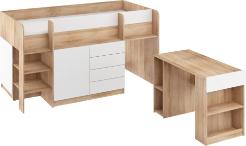 FurnitureByJDM Kompaktes, Modernes Hochbett mit Schreibtisch, Schubladen und Bücherregal – Smile L – (Eiche Sonoma/Weiß) von FurnitureByJDM
