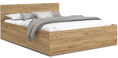 Schlafzimmer Bett mit Bettzeug Aufbewahrung – Möbelplatte – Hochgezogener Lattenrost – Panama – 120/140/160/180 x 200 – (Eiche Craft, 180x200) von FurnitureByJDM