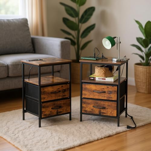 FurnitureR 2 Stück Sofa-Endstücke für Wohnzimmer, Beistelltisch mit mehreren Farben, 2 AC-Sockel, 2 USB-Anschlüsse für Drawers, 2 Schubladen aus Stoff, industrieller Retro-Stil, Braun, 40 x 30 x 60 cm von FurnitureR