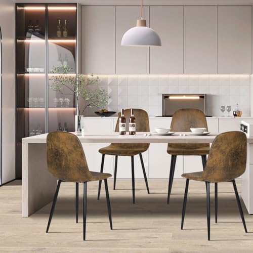 FurnitureR 4er Set Gepolsterten Metall-Esszimmerstühlen aus Kunstwildleder - Scandi Chic Set, Bringt Nordisches Flair in Ihre Küche, Esszimmer Oder Wohnzimmer, Braun von FurnitureR