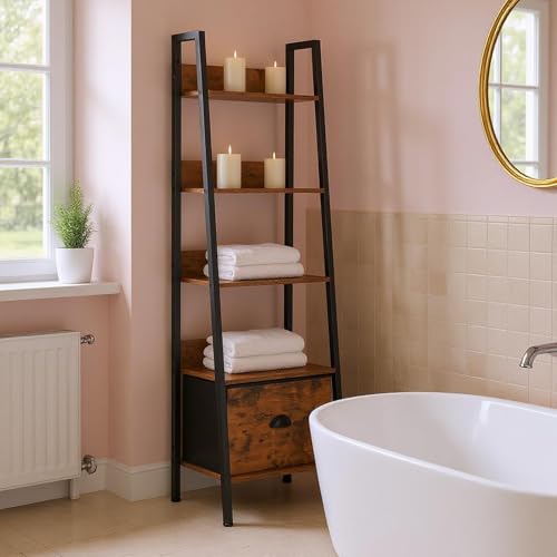 FurnitureR Badezimmerregal Leiterstil 42x29x141 cm, 5 Ebenen, Stoffschublade, 12 mm Holzplatten & 20 mm Metallrahmen, 7,5 cm Rückwand, Elegantes Badmöbel im Landhausstil von FurnitureR