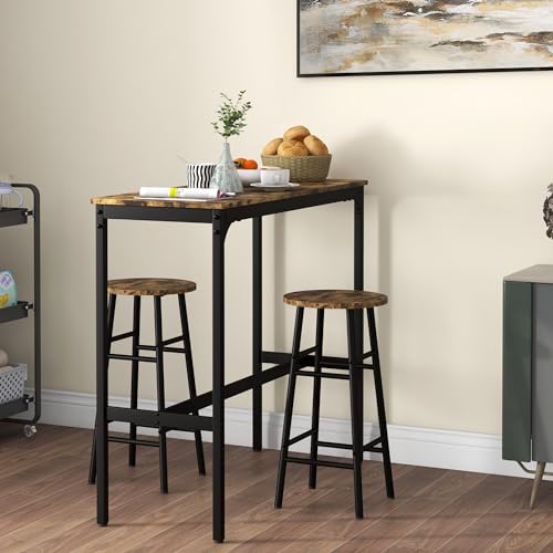 FurnitureR Bartisch-Set, 3tlg. Bartisch mit Barhocker Set, Essgruppe im Industriedesign, Küchentisch mit 2 Barhocker, für Esszimmer, Küche, Stahl, Rustikal-Braun von FurnitureR