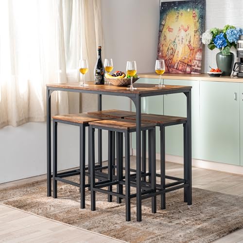 FurnitureR Bartisch mit Barhocker Set, mit 4 Hockern, industrieller Stil, geeignet für Küche, Esszimmer, Wohnzimmer, Pub, Bartisch 100 x 60 x 90 cm, Barhocker 40 x 30 x 65 cm von FurnitureR
