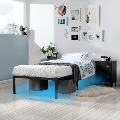 FurnitureR Bettrahmen 90 x 194 cm Metall Bettrahmen mit LED-Licht, Modernes Jugendbett mit Lattenrost, Doppelbett, Einzelbett, Schwarz, 36CM H, Kein Kopfboot von FurnitureR
