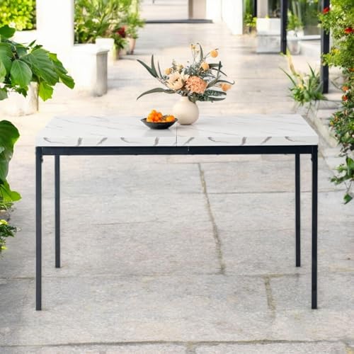FurnitureR Bistrotische für den Garten in weißem Marmorimitat, Schlichter und eleganter Stil für 4 bis 6 Personen, Dicke Holzplatte mit Metallstruktur, für Café, Balkon, Terrasse, 120 x 70 x 75 cm von FurnitureR
